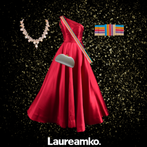 Illustration showing an example of an outfit for the anniversary event. The outfit includes a decorative necklace, a small hand-held formal bag, a one-sleeved formal red evening gown. In addition, the evening dress is draped from the right shoulder to the left shoulder with a Laureamko member sash with the blue stripe on top. Also an example of a ready-made rosette made according to the instructions.