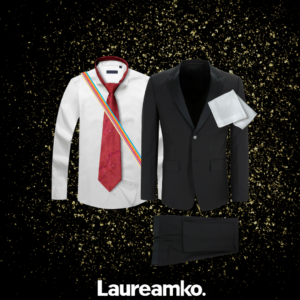Illustration showing an example of an outfit for the anniversary event. The outfit includes a white collared shirt, a dark red tie with subtle decorative patterns, a white pocket square and a black suit jacket and trousers. In addition, the collared shirt and tie are dressed with a Laureamko member sash from the right shoulder to the left shoulder, with the blue stripe on top.