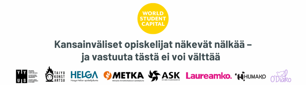 Otsikko tekstinä, jossa mukana myös seuraavat logot: Wordl Student Capital, Arcada Studerandecor, Laureamko, Humako, O'Diako, HYY, TaiYo, Helga, METKA
