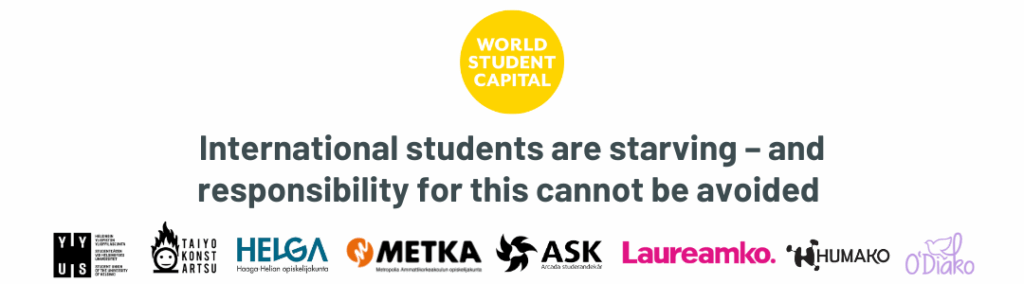 Headline text, including the following logos: World Student Capital, Arcada Studerandekår, Laureamko, Humako, O'Diako, HYY, TaiYo, Helga, METKA